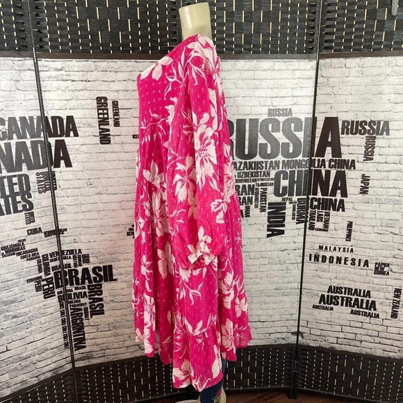 Torrid Plus 6X Pink Floral V-Neck Pockets Below Knee 3/4 Sleeve Babydoll Dress - Picture 3 of 6